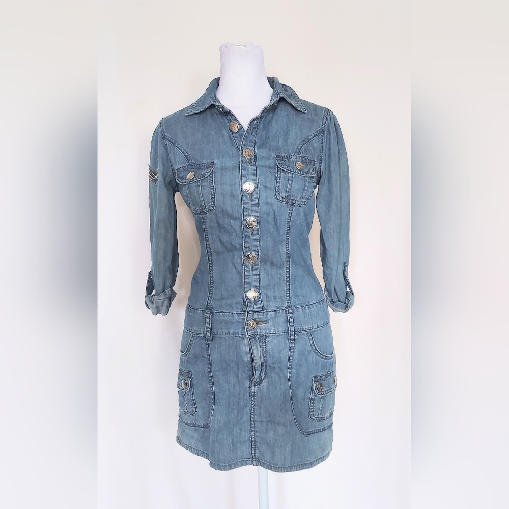 Baby Phat Denim Button Down Roll Tab Sleeve Mini Dress Size 0 100% Cotton